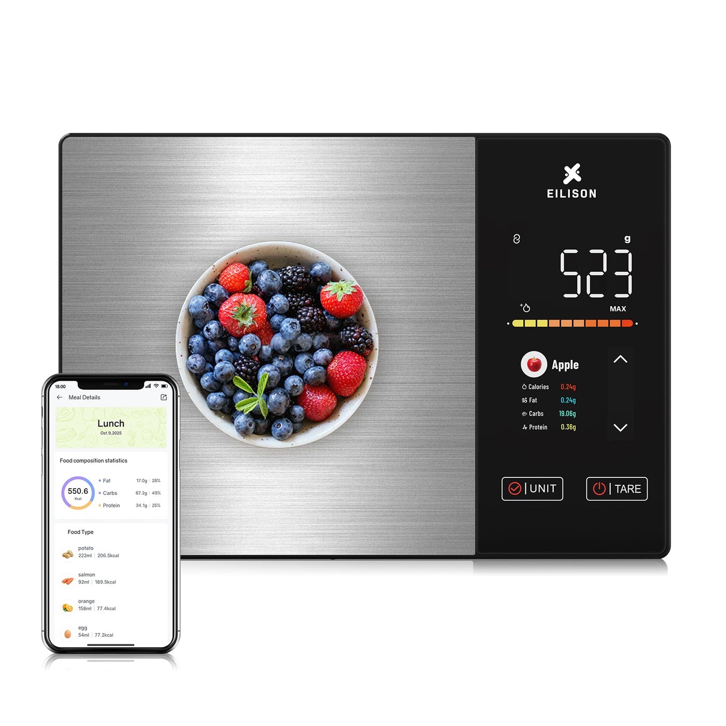 EILISON Smart Kitchen Scale with Nutrition Calculator, Digital Food Scale, Large TFT Color Display, Bluetooth App for 999+ Foods, Calorie Counter & 24 Nutrients Analyzer, 5000g Capacity (Black)