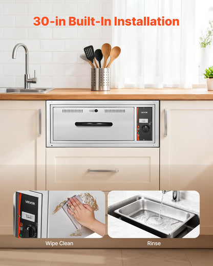 VEVOR Commercial Electric Drawer Warmer, Single-Drawer Stainless Steel Food Warmer, Built-in Installation Warming Drawer Cabinet, 85°F–185°F Wide Temperature Range, for Restaurant, Hotel & Bakery