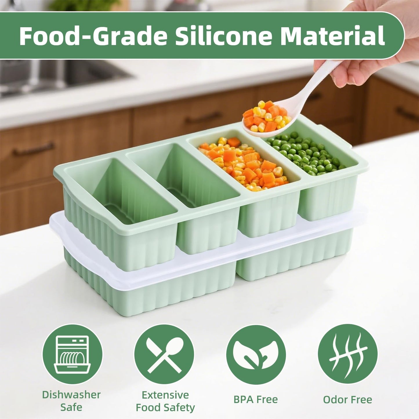 Silicone Freezer Tray With Lid, Soup Freezer Container Molds, Large Ice Cube Tray Set, 1 Cup & 2 Cup Portion Freezer Trays for Soup, Sauce & Broth, Meal Prep Containers, Oven & Dishwasher Safe, Green