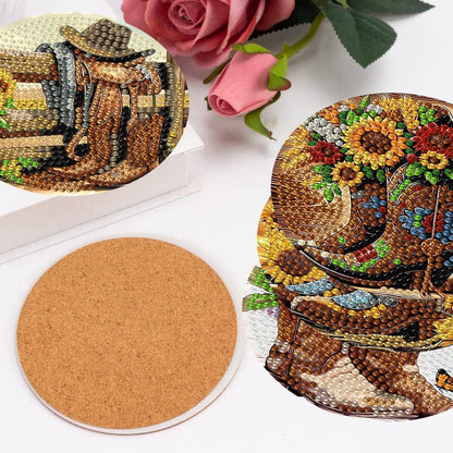 8 Pcs Diamond Art Coasters Kit for Adults, Cowboy Boots Flowers Diamond Painting Coasters with Holder Cork Pads, DIY Diamond Art Non Slip Coaster Crafts Kits for Adults Beginners Gifts