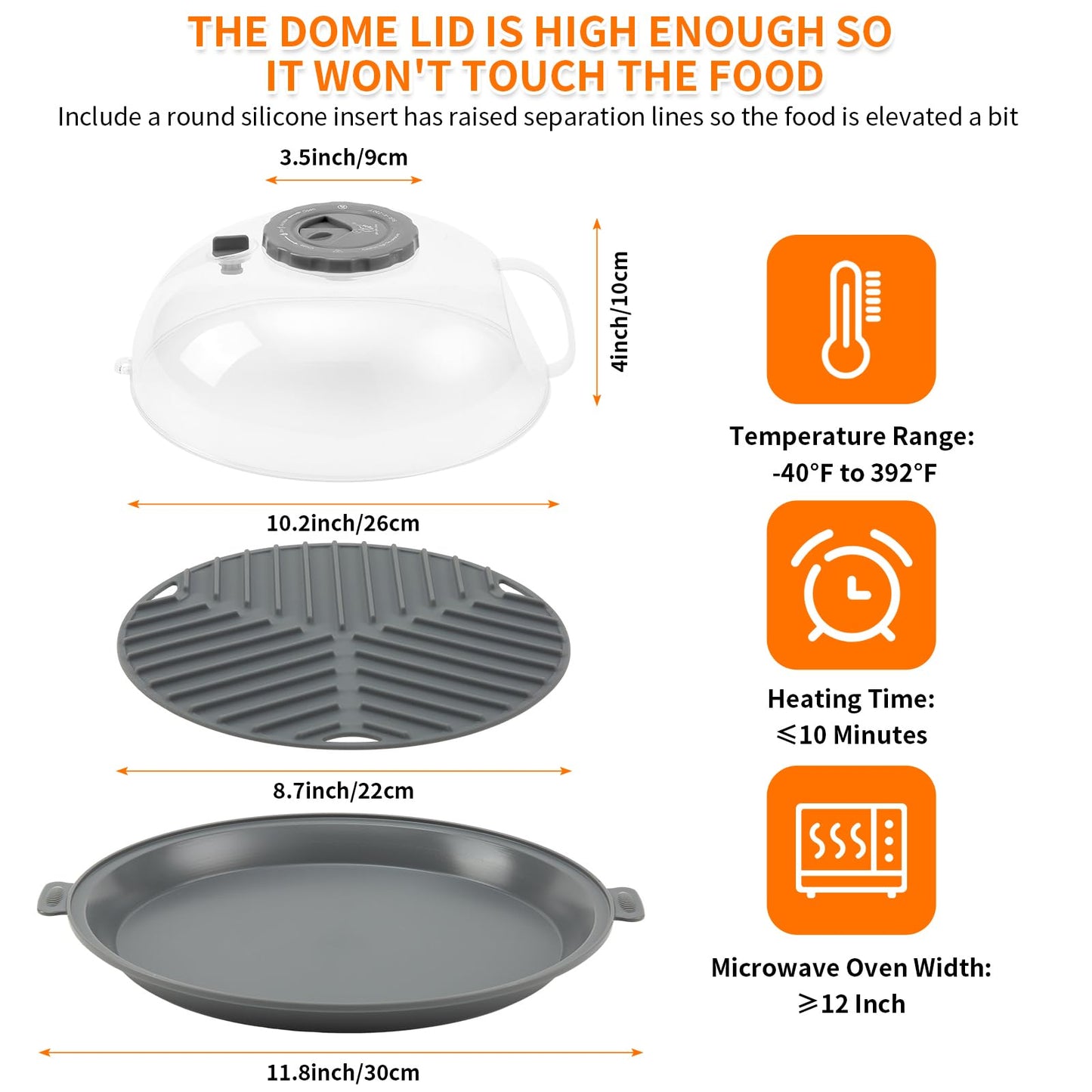 Microwave Splatter Cover Lid for Food 10.2 Inch with Water Steamer, Clear Microwave Splash Guard Cooker Lid with Plate, Dish Bowl Plate Serving Cover Cookware High Transparent Plastic Grey