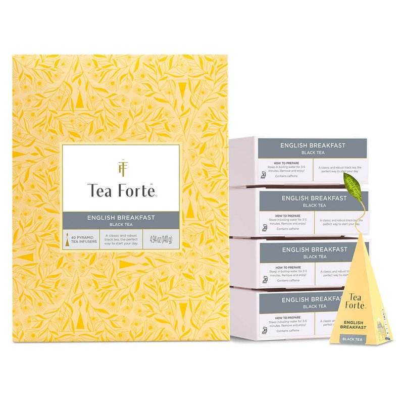 Tea Forte English Breakfast Premium Caffeinated Black Tea Blend Event Box, Bulk Pack 40 Count, 10 per tray Individually Wrapped Handcrafted Pyramid Infusers