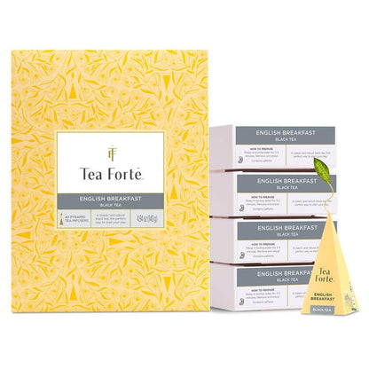 Tea Forte English Breakfast Premium Caffeinated Black Tea Blend Event Box, Bulk Pack 40 Count, 10 per tray Individually Wrapped Handcrafted Pyramid Infusers