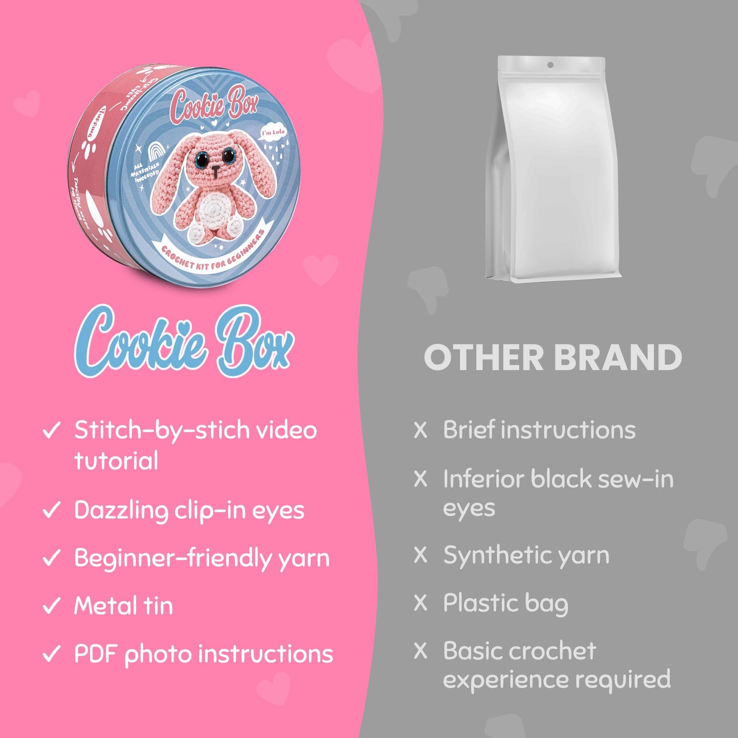 Cookie Box Original Crochet Kit for Beginners – Gift Set to Make Bunny Lola Amigurumi Plushie – Easy DIY Crochet & Knitting Starter Kit with Video and PDF Tutorials