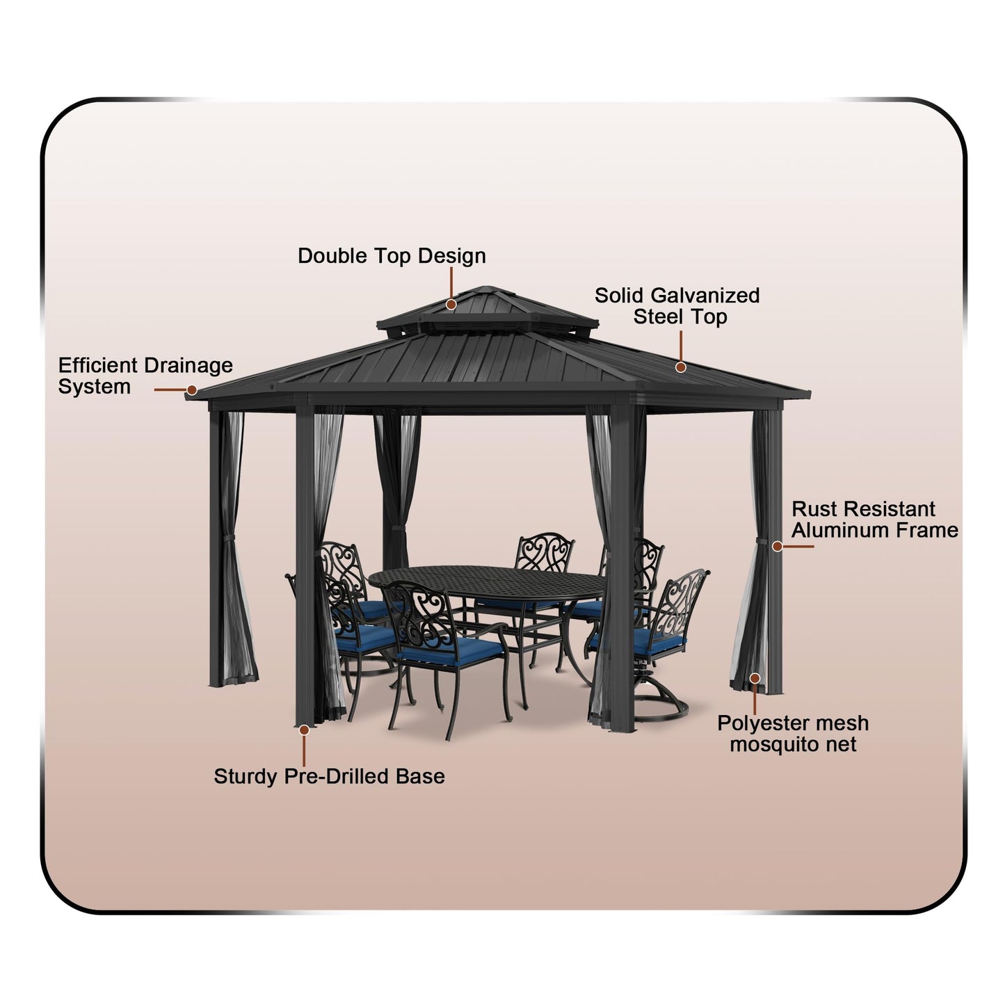 15x15FT Hexagon Hardtop Gazebo Heavy Duty Aluminum Frame Outdoor Gazebo Pergola Pavilion with Galvanized Steel Double Roof, Nettings & Ceiling Hook for Patio Backyard Deck Lawns