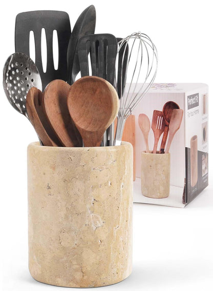 SPESHSTONES Marble Utensil Holder 6.5 Inch Travertine Utensil Caddy, Wooden Cooking Utensils Set & Spatula Organizer for Kitchen Counter Decor, Stone Crock for Spoon Holder & Farmhouse Decor