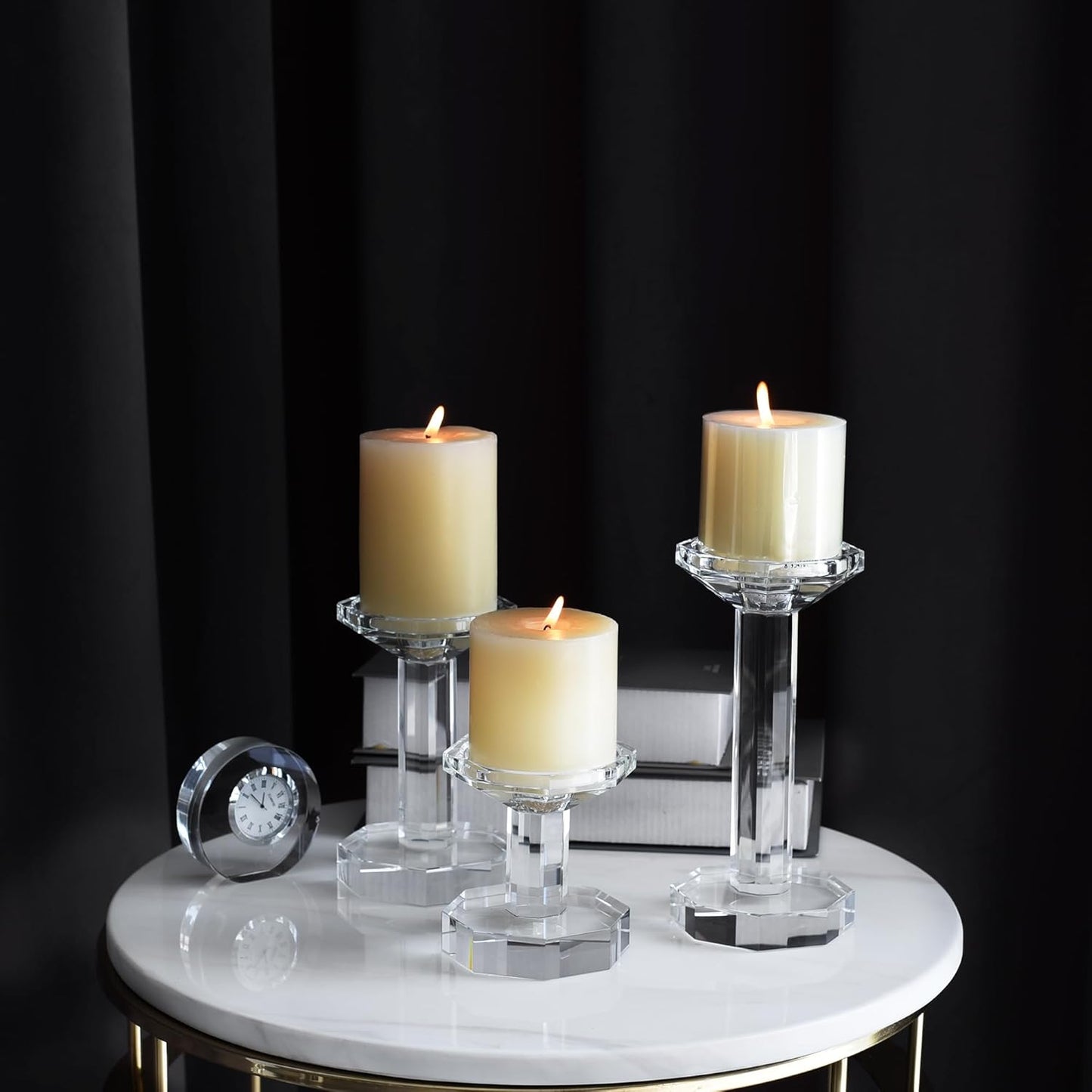 Skiennix Crystal Candlestick Holders - Set of 3 Clear Holders for Taper & Pillar Candles | Elegant Table Centerpieces (4''/6''/8'' Tall)
