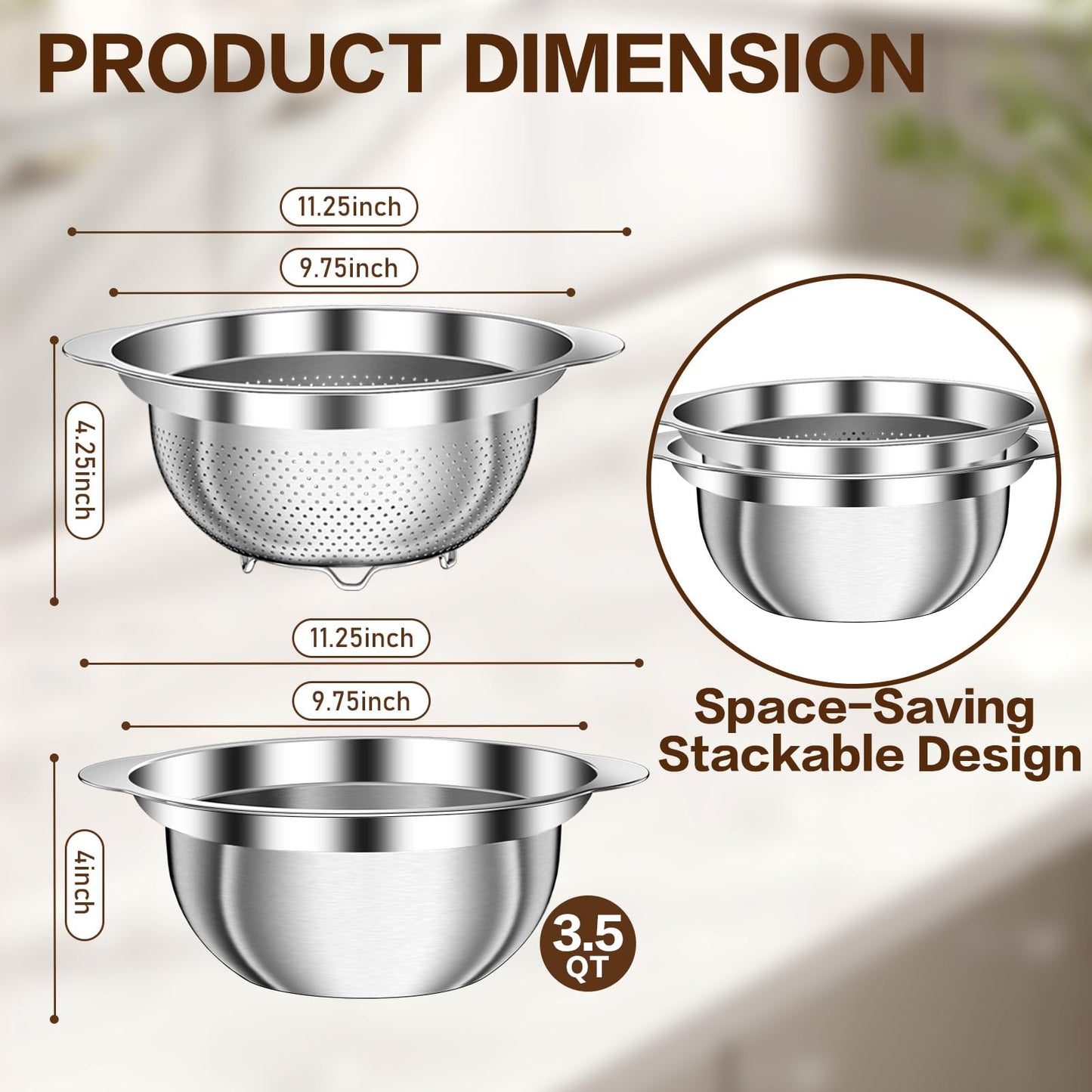 3.5QT Colander with Bowl, Rice Strainer, Stainless Steel Mixing Bowls with Strainer, Pasta Strainer, Colander for Kitchen for Rice Pasta Fruits Vegetables, Rice Cleaner Strainer, Dishwasher Safe