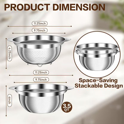 3.5QT Colander with Bowl, Rice Strainer, Stainless Steel Mixing Bowls with Strainer, Pasta Strainer, Colander for Kitchen for Rice Pasta Fruits Vegetables, Rice Cleaner Strainer, Dishwasher Safe