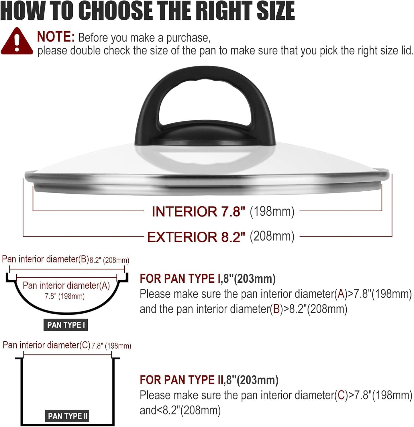 Tempered Glass Pan Lid, 8" Pot Cover with Heat Resistant Handle for Frying Pan, Skillet, Cast Iron, Wok