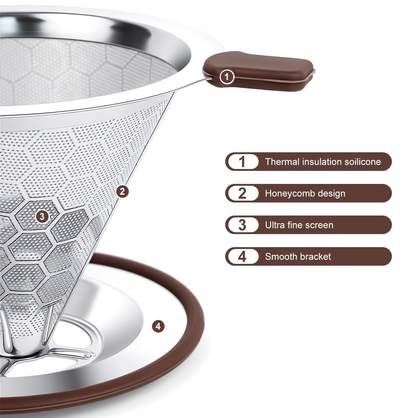 Roogaluckeep Pour Over Coffee Dripper, Stainless Steel Coffee Filter, Paperless Reusable Coffee Filter, Metal 600 Mesh Strainer Coffee Maker Single Cup Brewer 1-2 Cup
