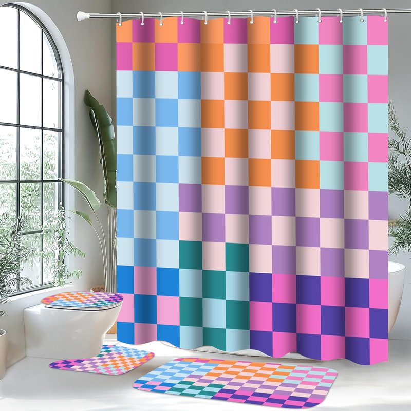 Vostolaiv 4 PCS Checkered Shower Curtain Sets Fun Gingham Bathroom Sets Soft Non Slip Bath Rugs Toilet Cover U-Shaped Mat Retro Bright Waterproof Shower Curtains with 12 Hooks for Tub Toilet, Colorful
