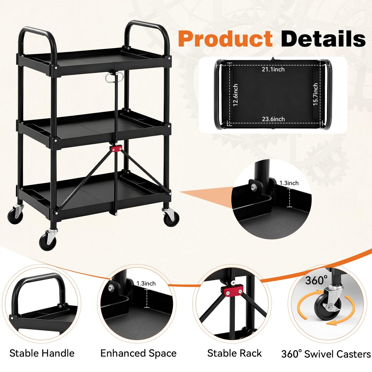 DUMOS 3-Tier Folding Utility Cart Set of 2, Collapsible Service Cart with 4 Swivel Wheels and Brakes, 120LBS Capacity & Collapsible Storage Rolling Cart for Kitchen, Office, Garden, Garage, Pure Black