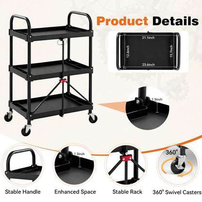 DUMOS 3-Tier Folding Utility Cart Set of 2, Collapsible Service Cart with 4 Swivel Wheels and Brakes, 120LBS Capacity & Collapsible Storage Rolling Cart for Kitchen, Office, Garden, Garage, Pure Black