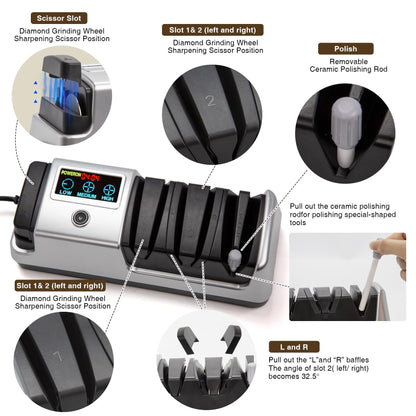 Ceelpeopar Silver Professional 3-Stage Electric Knife Sharpener for Kitchen Knives, LCD Screen, 100% Diamond Abrasive, Adjustable Rotational Speed, Precision Angle Guides for All Kitchen Knives