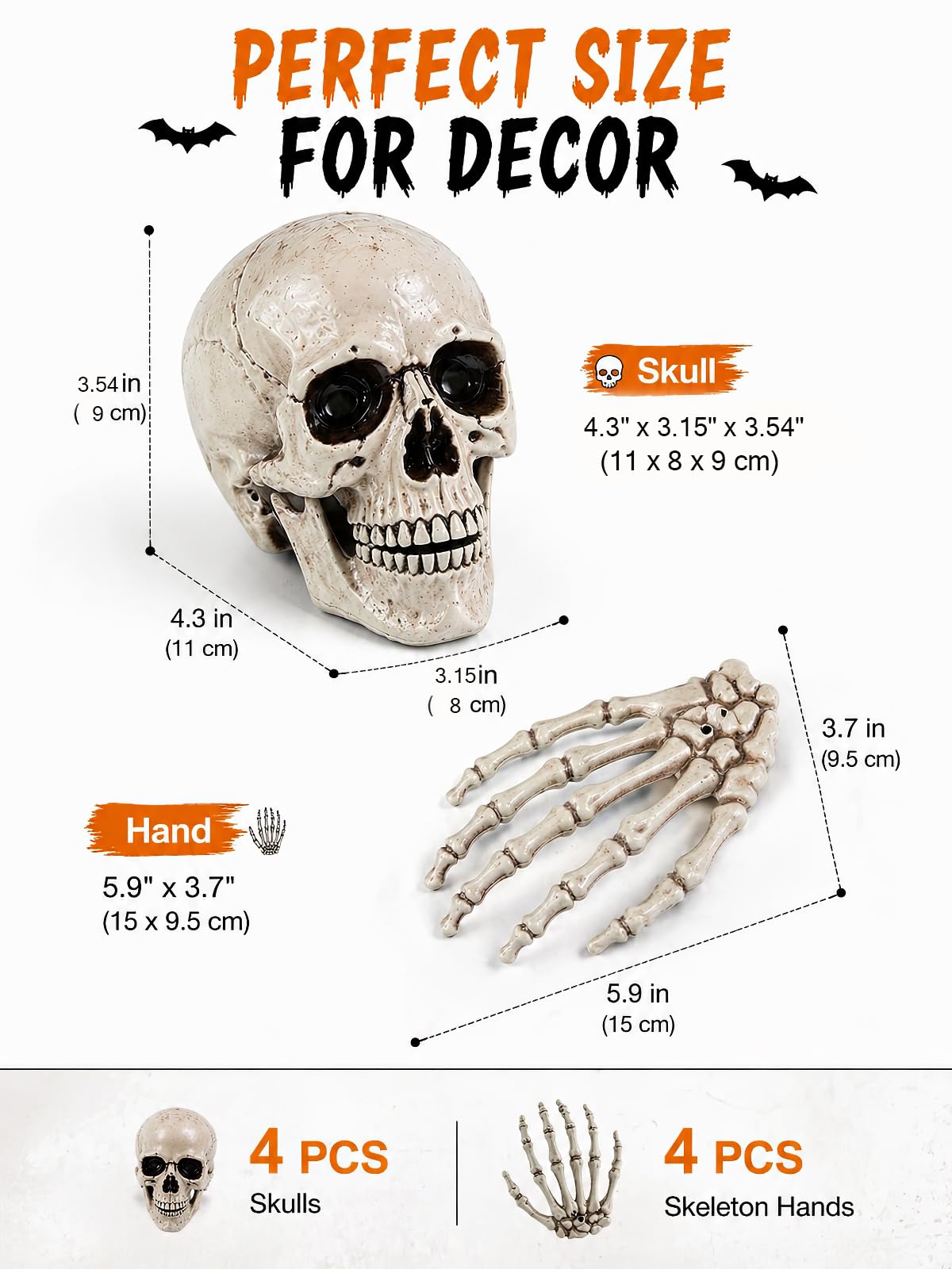 Sivlnian Halloween Skull Decorations Set, 8 Pack Skeleton Heads with Hands, 4.3 Inch Miniature Human Skull Heads, Spooky Haunted House Props for Halloween Party, Yard and Indoor Decorations, Plastic