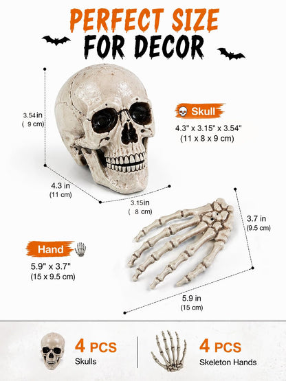 Sivlnian Halloween Skull Decorations Set, 8 Pack Skeleton Heads with Hands, 4.3 Inch Miniature Human Skull Heads, Spooky Haunted House Props for Halloween Party, Yard and Indoor Decorations, Plastic