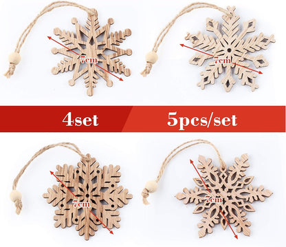 ilauke 20 pcs Unfinished Christmas Wood Snowflake Ornaments - 4 Styles Bulk with Twine for Tree Decorations