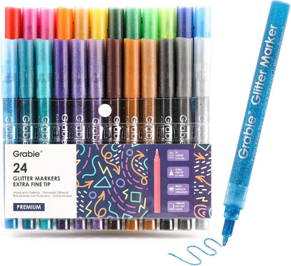 Grabie Glitter Markers, 24 Pack Extra Fine Tip Acrylic Paint Markers, Quick-Drying Water-Based Metallic Glitter Pens for Paper,Card Making, Canvas, Fabric, DIY Craft Supplies for Adult & Kids