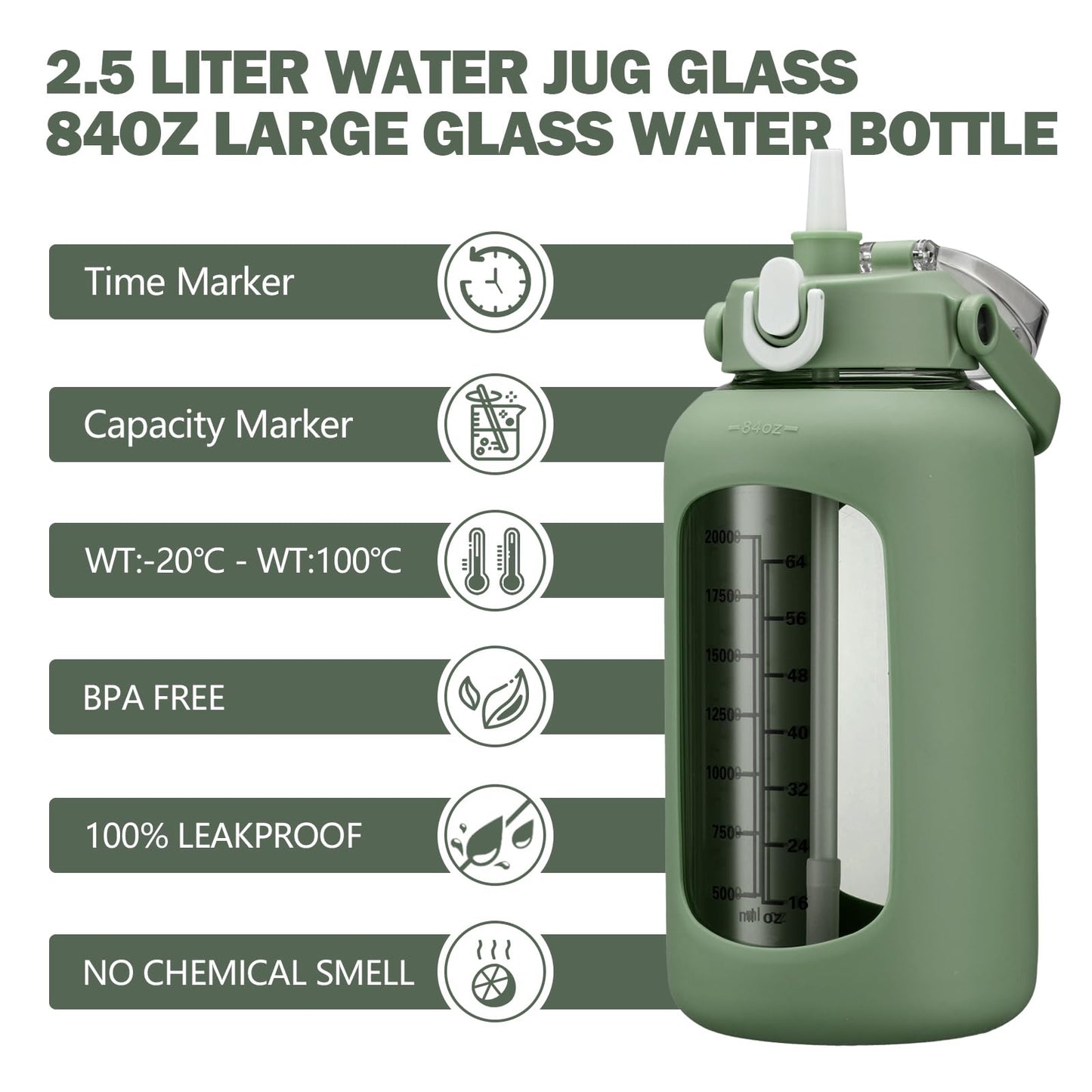 kytffu 84oz Glass Water Bottle with Straw, 2.5 Liter Large Water Bottle with Silicone Sleeve and OZ Marker, Wide Mouth Gallon Glass Bottle with 2-in-1 Lid, Leakproof Water Jug for Gym Home, Olive