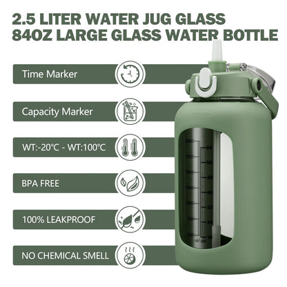 kytffu 84oz Glass Water Bottle with Straw, 2.5 Liter Large Water Bottle with Silicone Sleeve and OZ Marker, Wide Mouth Gallon Glass Bottle with 2-in-1 Lid, Leakproof Water Jug for Gym Home, Olive