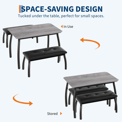 Dining Table for 4, 3-Piece Kitchen Table Set for 4 with Wooden Tabletop and Metal Frame, Industrial Kitchen Table with 2 PU Leather Benches for Bar, Dining Room, Restaurant(43''x28''x30''), Gray