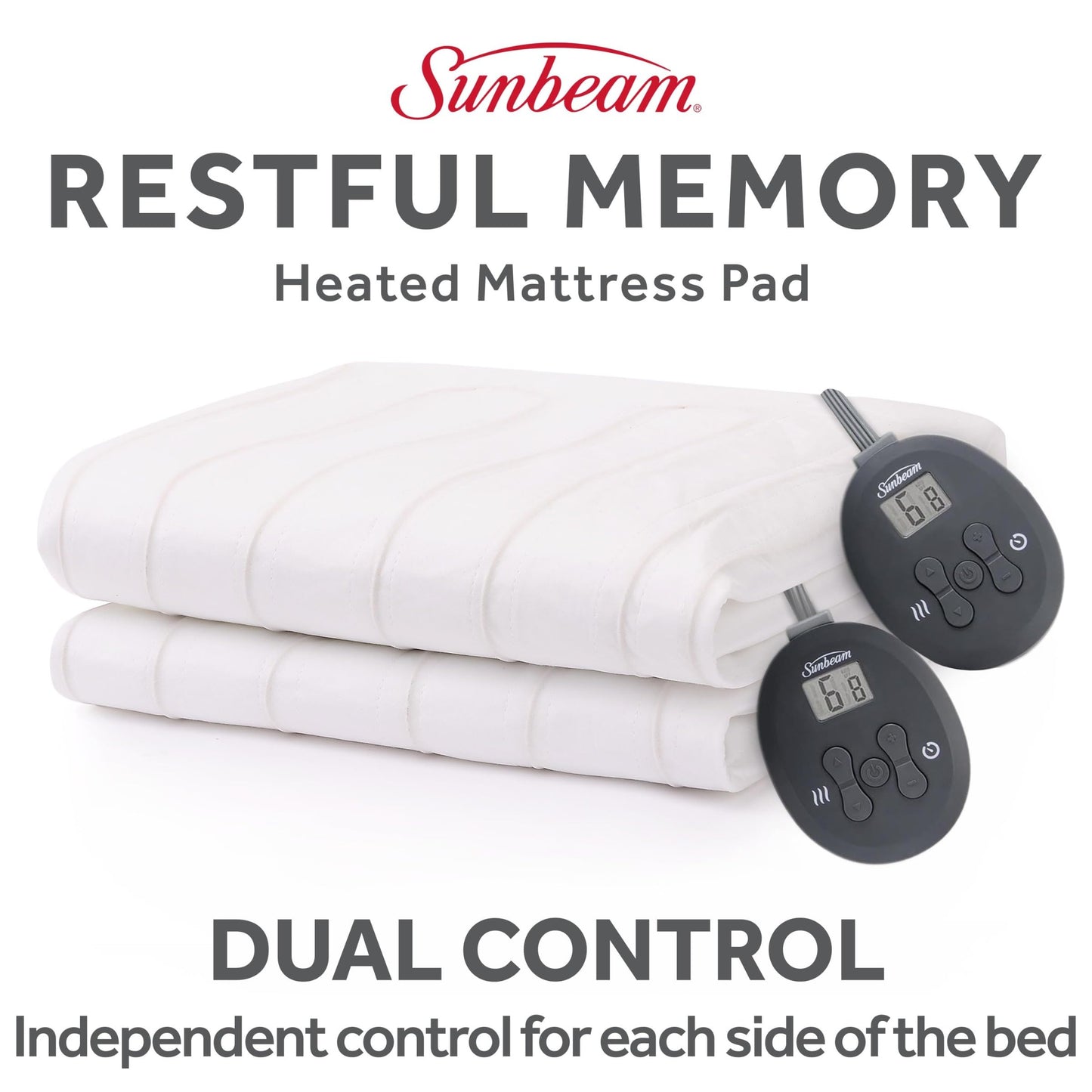 Sunbeam Electric Heated Mattress Pad Queen 80" x 60" 12 Heat Settings 12-Hour Auto Shut-Off Fast Heating Soft Cozy Fabric Deep Pocket Skirt Machine Washable