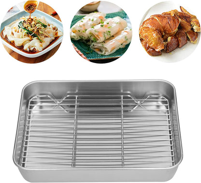 Roasting Pan with Rack, Nonstick Steel Bakeware, Rectangular Roaster for Kitchen Cooking, 23 x 17 cm
