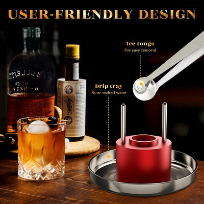 Mini Deluxe 1.1'' Ice Ball Press, Aluminum Ice Ball Maker for Ice Sphere to Enhance Drink Flavor, Ice Ball Press Kit with Tong and Drip Tray, for Whiskey, Bourbon, Scot & Cocktail