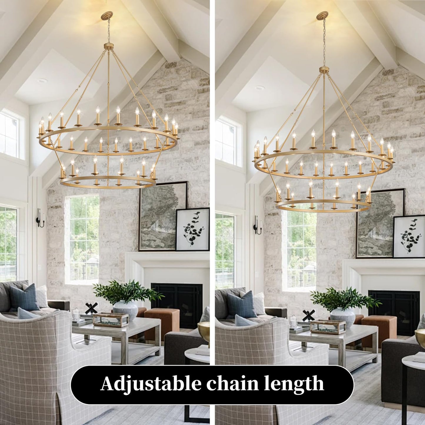 QJMPP Gold Wagon Wheel Chandelier 2 Tier 53-Inch 36-Light,Extra Large Circle Rustic Farmhouse Light Fixture,Round Metal Chandeliers for Foyer Entryway Dining Room Living Room High Ceilings