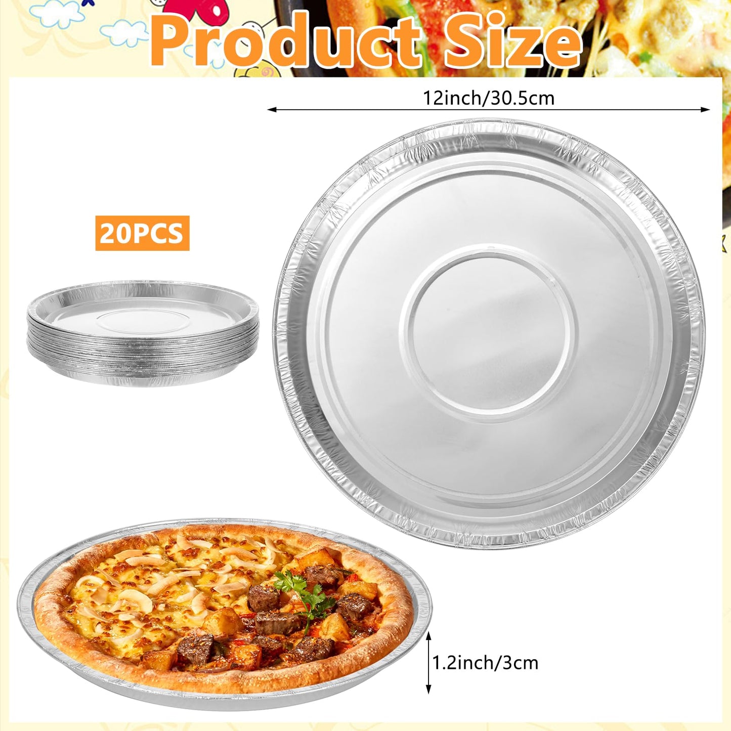 FMOACEN 20 Pcs Disposable Pizza Pans 12 Inch Round Aluminum Pizza Pans Disposable Foil Bakeware Serving Trays Oven Safe for Baking Pizzas Chocolate Cookie Cakes Party Activities Decorations