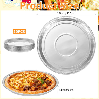 FMOACEN 20 Pcs Disposable Pizza Pans 12 Inch Round Aluminum Pizza Pans Disposable Foil Bakeware Serving Trays Oven Safe for Baking Pizzas Chocolate Cookie Cakes Party Activities Decorations