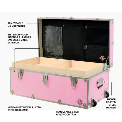 Rhino Trunk & Case Small Essential Trunk With Wheels, Tray, & Lid Organizer - 30"x17"x13", 1000+ lbs Capacity. Strong, USA Made Summer Camp Footlocker, and Secure College Dorm Storage Chest