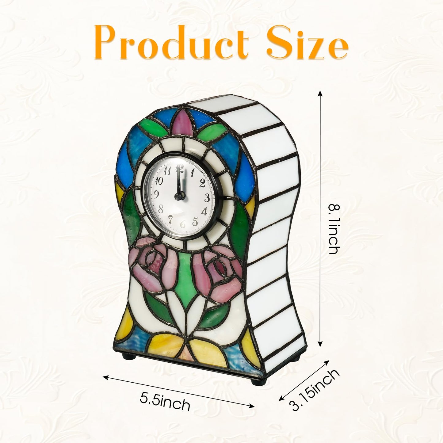 Yodimust Tiffany Style Rose Pattern Bell-Shaped Table Lamp with Clock, Stained Glass Lamp, Creative Clock Lamp, Decoration for Bedroom, Bedside Lamp, Office