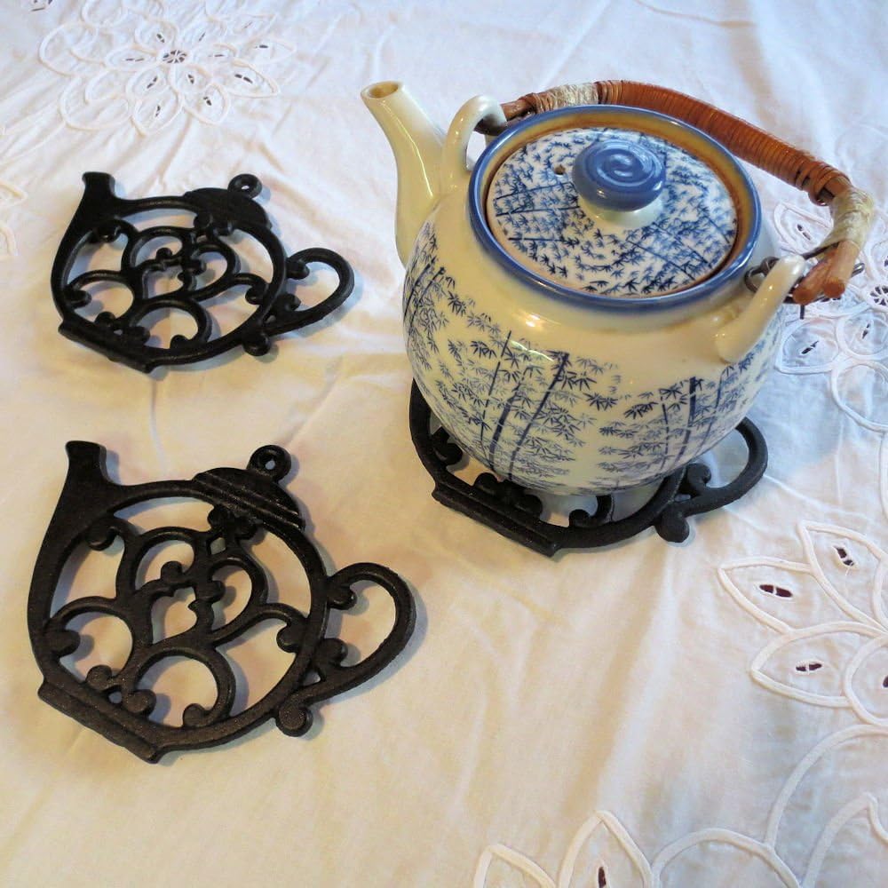 Teapot Cast Iron Trivet for Hot Pots, Kitchen & Dining Table, Black, 8 by 6.1 Inches, Gift for Home Decor