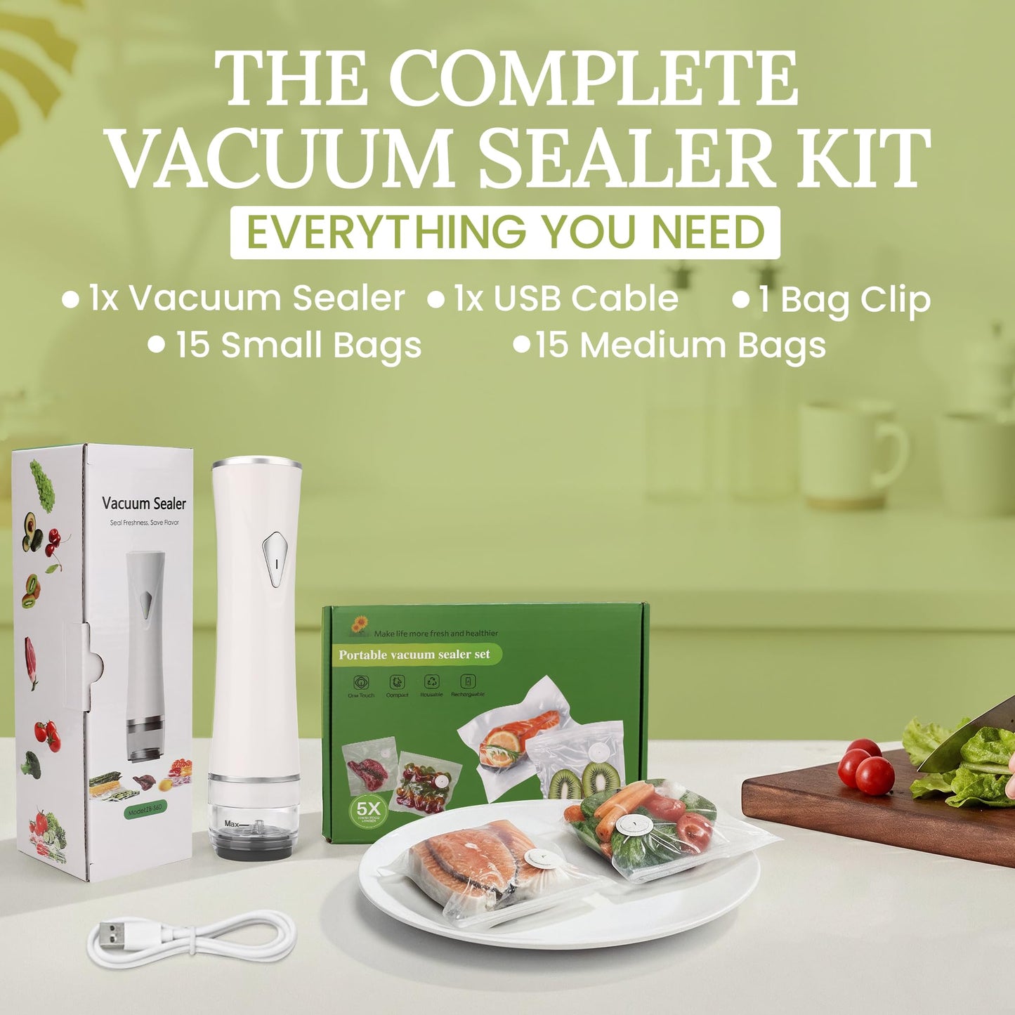 Handheld Vacuum Sealer for Food Storage - Vacuum Storage Bags and Machine - 30 Reusable Freezer Bags - USB Rechargeable - Mini Bag Sealer - Kitchen Gadgets for Meal Prep Essentials