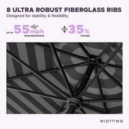 Midtown Umbrellas – The Swilt 9 Ft Patio Umbrella with 360° Swivel & Tilt Mechanism, Sunbrella Fabric & 8 Fiberglass Ribs – Outdoor Umbrella for Deck, Pool & Cafes – Black & White Canopy, Black Pole
