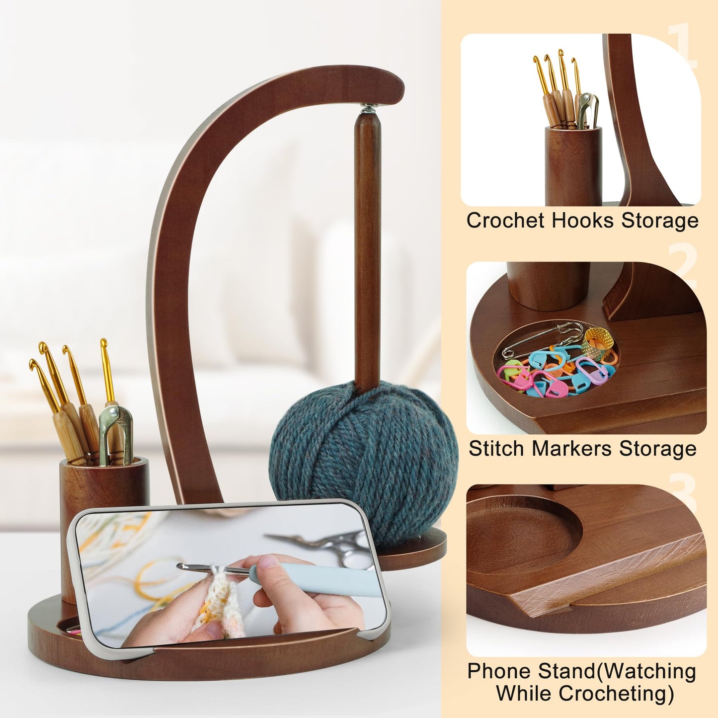 Sewovvmu Crochet Yarn Holder, Yarn Spinner for Crocheting with Phone Stand & Crochet Accessories Storage, Crochet Gift for Knitting Lovers (Brown)