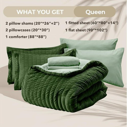 HYMOKEGE Queen Comforter Set - All Season Luxury 7-Piece Bedding in Dark Green/Sage Green