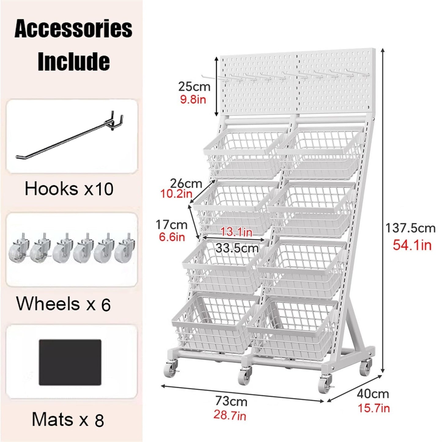 WDJBPSH Rolling Snack Candy Display Rack, Floor-Standing Concession Display Stand with Hanging Hook, Chocolate/Bread/Potato Chips/Cereal/Jelly/Coffee Capsules Organizer(White,8 Basket)