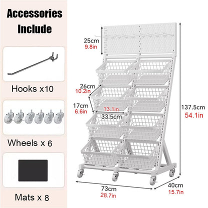WDJBPSH Rolling Snack Candy Display Rack, Floor-Standing Concession Display Stand with Hanging Hook, Chocolate/Bread/Potato Chips/Cereal/Jelly/Coffee Capsules Organizer(White,8 Basket)