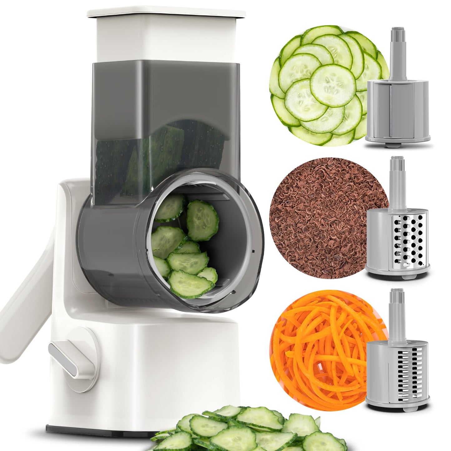 Maxceysen Safe Vegetable Mandoline Slicer Large Multifunctional Rotary Cheese Grater Hand Crank Easy Rotating Veggie Shredder Anti-Cutting, 3 Interchangeable Blades (WhiteGrey)