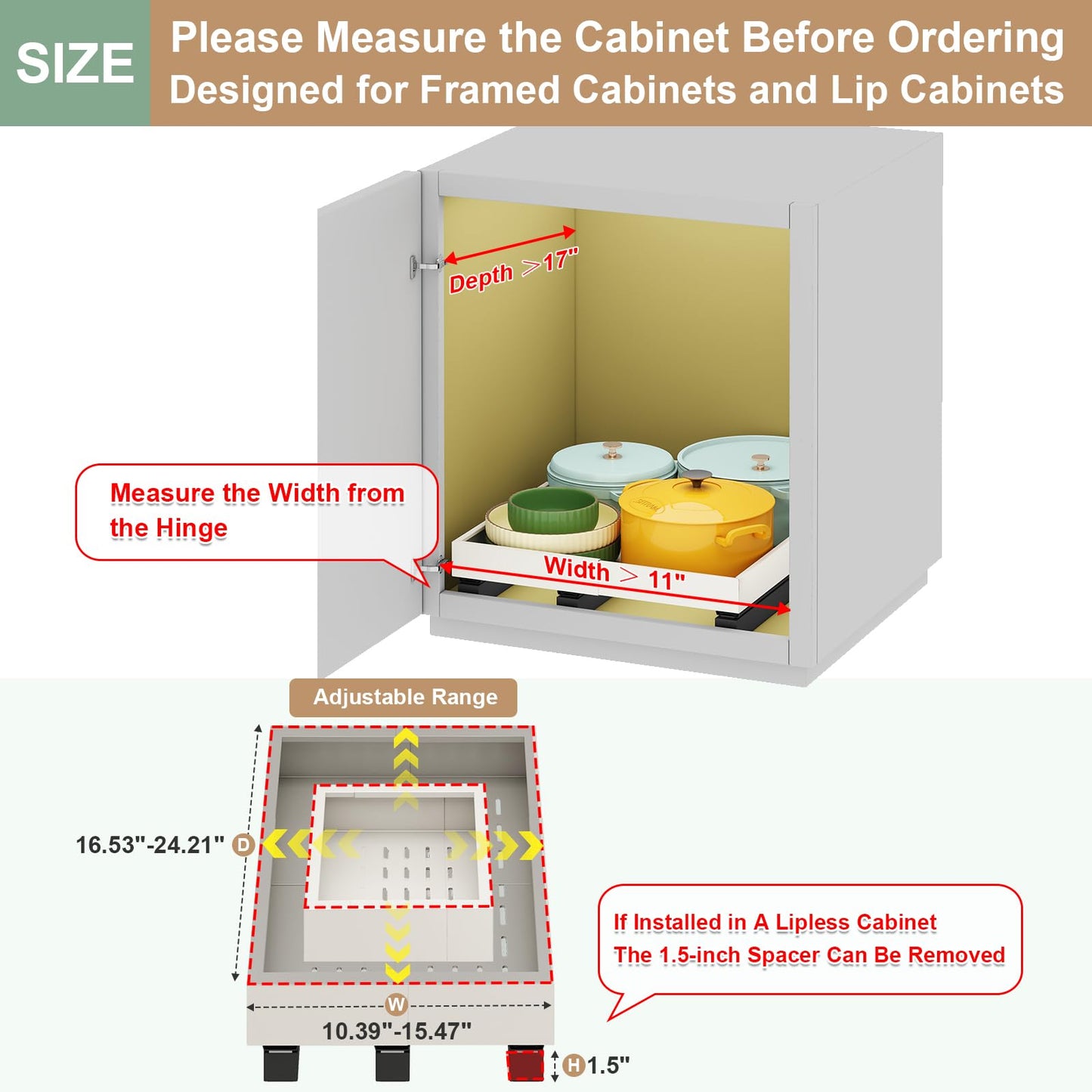 Pull out Cabinet Organizer,Expandable Width(11"-16"),Depth(17"-24") with 3 Rails,Roll out Drawers,No Drill Adjustable Slide out Shelves for Kitchen,Pantry,for Both Lip and Lip-Free Cabinets,White(1PC)