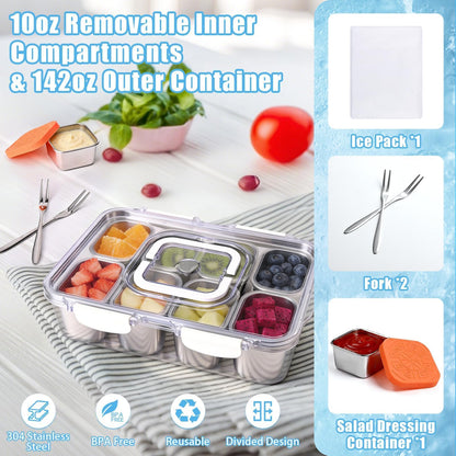 Qtencas Snackle Box Container with 8 Portable Removable Compartments, Ice Pack, Sauce Cup & Fork, Stainless Steel Divided Serving Tray with Lid and Handle for Road Trips Beach Camping