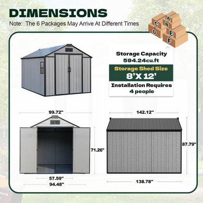 DNYKER 8 x 12 FT Resin Outdoor Storage Shed, All-Weather Plastic Garden Shed with Floor, Lockable Doors & Windows, Plastic Tool Shed for Poolside, Backyard, Patio