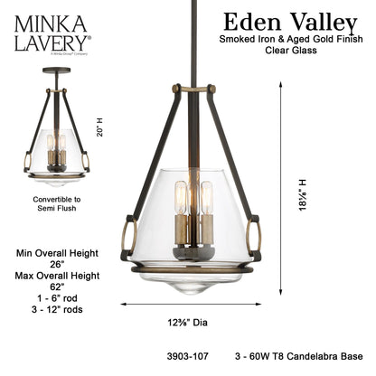 Minka Lavery 3903-107 Eden Valley Convertible Pendant to Semi-Flush, 3-Light, 180 Total Watts, 12.38-in H x 18.13-in W, Smoked Iron with Aged Gold