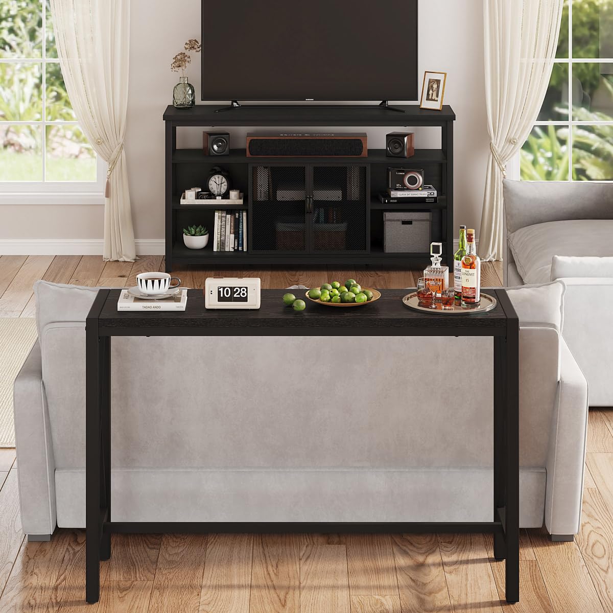 BON AUGURE Tall TV Stand for TVs up to 65 Inch, Industrial Wood Entertainment Center with Storage Cabinet, Modern TV Media Console for Living Room and Bedroom (32 Inch High, Black Oak)