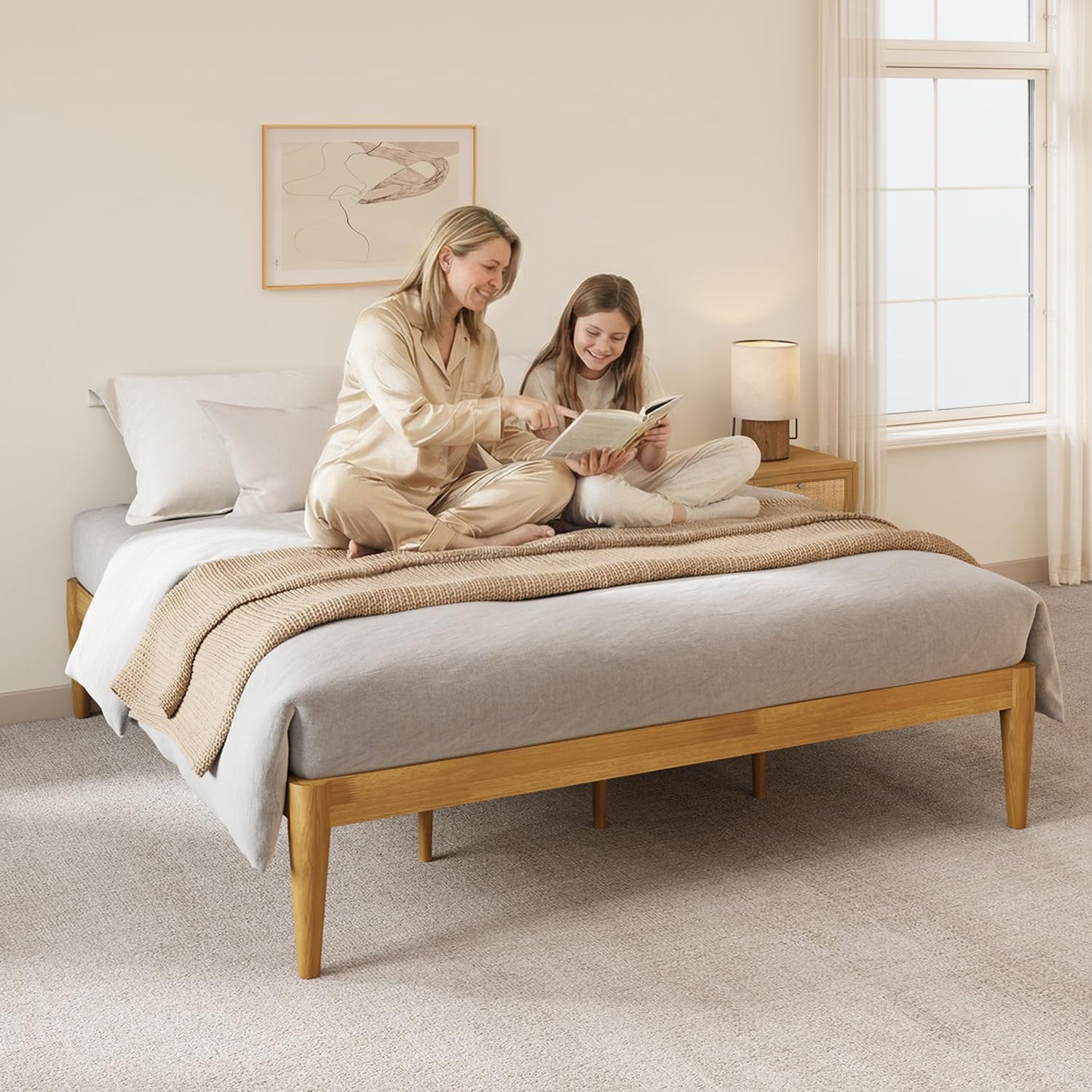 IOTXY Queen Platform Bed Frame - Solid Wood 16-Inch Height Mattress Foundation Base with Densely Slats and Heavy-Duty Support Legs, No Box Spring Needed, Oak