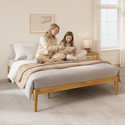 IOTXY Full Platform Bed Frame - Solid Wood 16-Inch Height Mattress Foundation Base with Densely Slats and Heavy-Duty Support Legs, No Box Spring Needed, Oak
