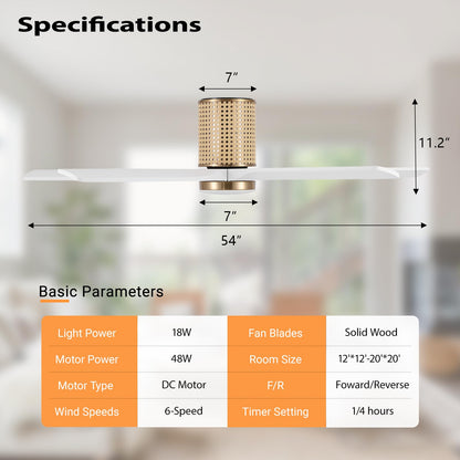 LEDLUX 54" Ceiling Fan with Light - Low Profile Flush Mount Ceiling Fan, 6-Speed Remote Control, Solid Wood, Quiet Reversible DC Motor, White/Gold Finish, for Bedroom, Living Room, Porch